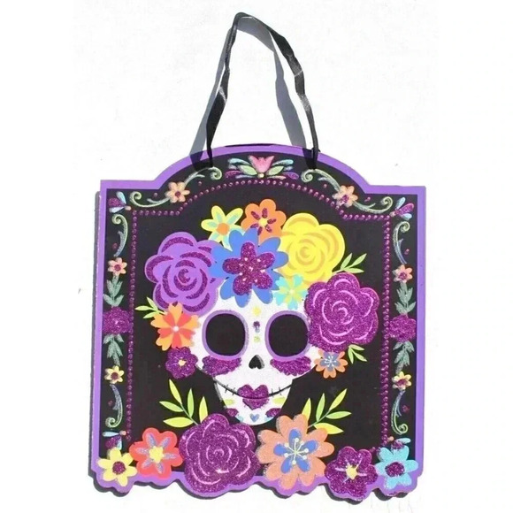 Girl Sugar Skull Day of the Dead Wall Hanging Sign Colorful Flowers Glitter New - Picture 1 of 1